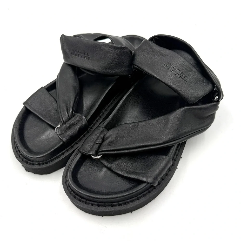 Isabel Marant Naori Flatform Sandals Black Leather Strappy Women Sz 38 / 7.5 - Picture 3 of 11